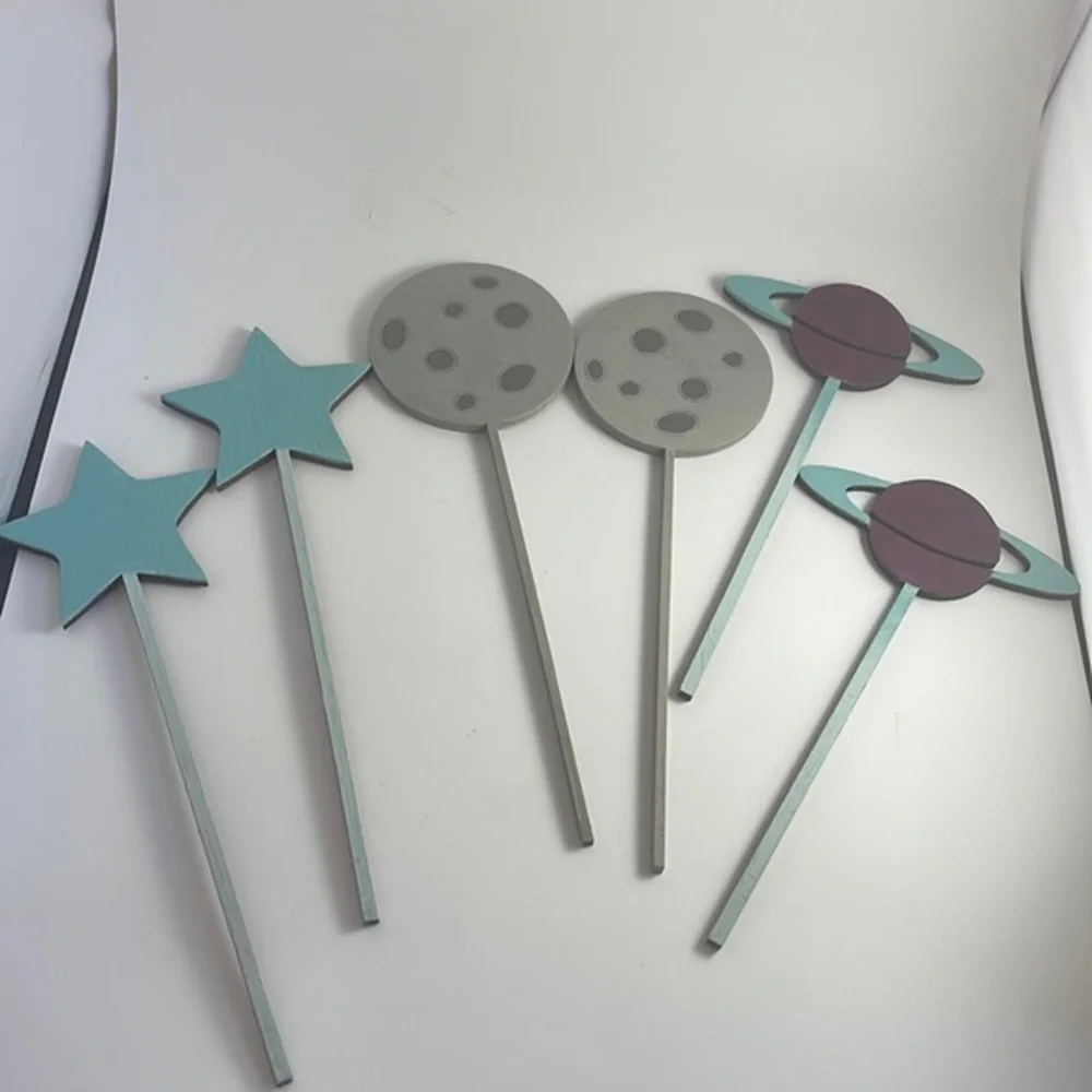 Outer Space Cake Toppers Wood NEW Set of 6